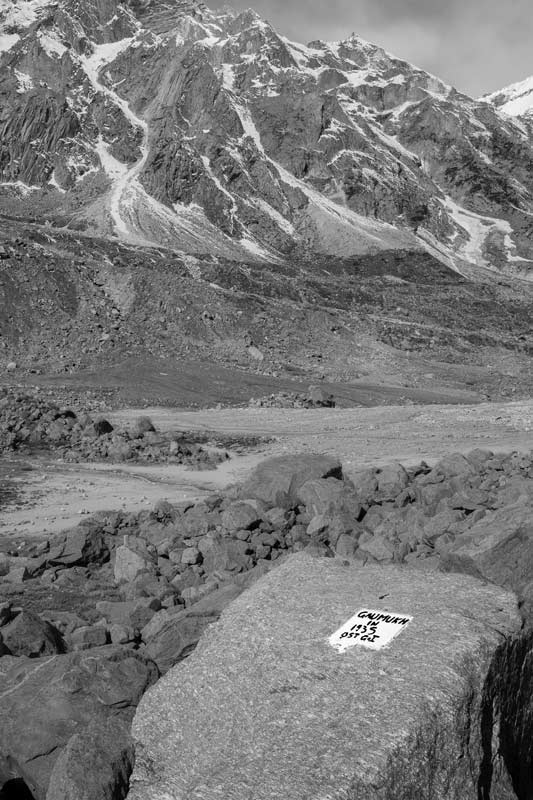 A stone inscription marking the position of Gaumukh in 1935 at about 17.5 km upstream of Gangotri town in Uttarkashi district, Uttarakhand
